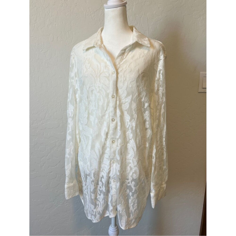 Chico's White Floral Burnout Lace-Look Mesh Sheer Button Up Blouse Shirt Sz 2 L